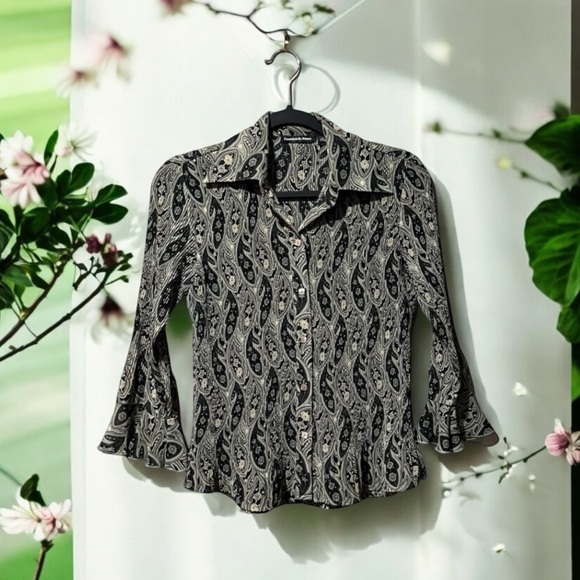 Essentials by Milano Black & Green Tones Leaf/Floral Print l/s Top sz S - Picture 13 of 15